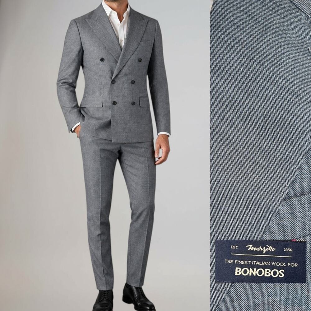 Bonobos Marzotto Italian Wool 38R 29x34 Gray Double Breasted Statement Suit